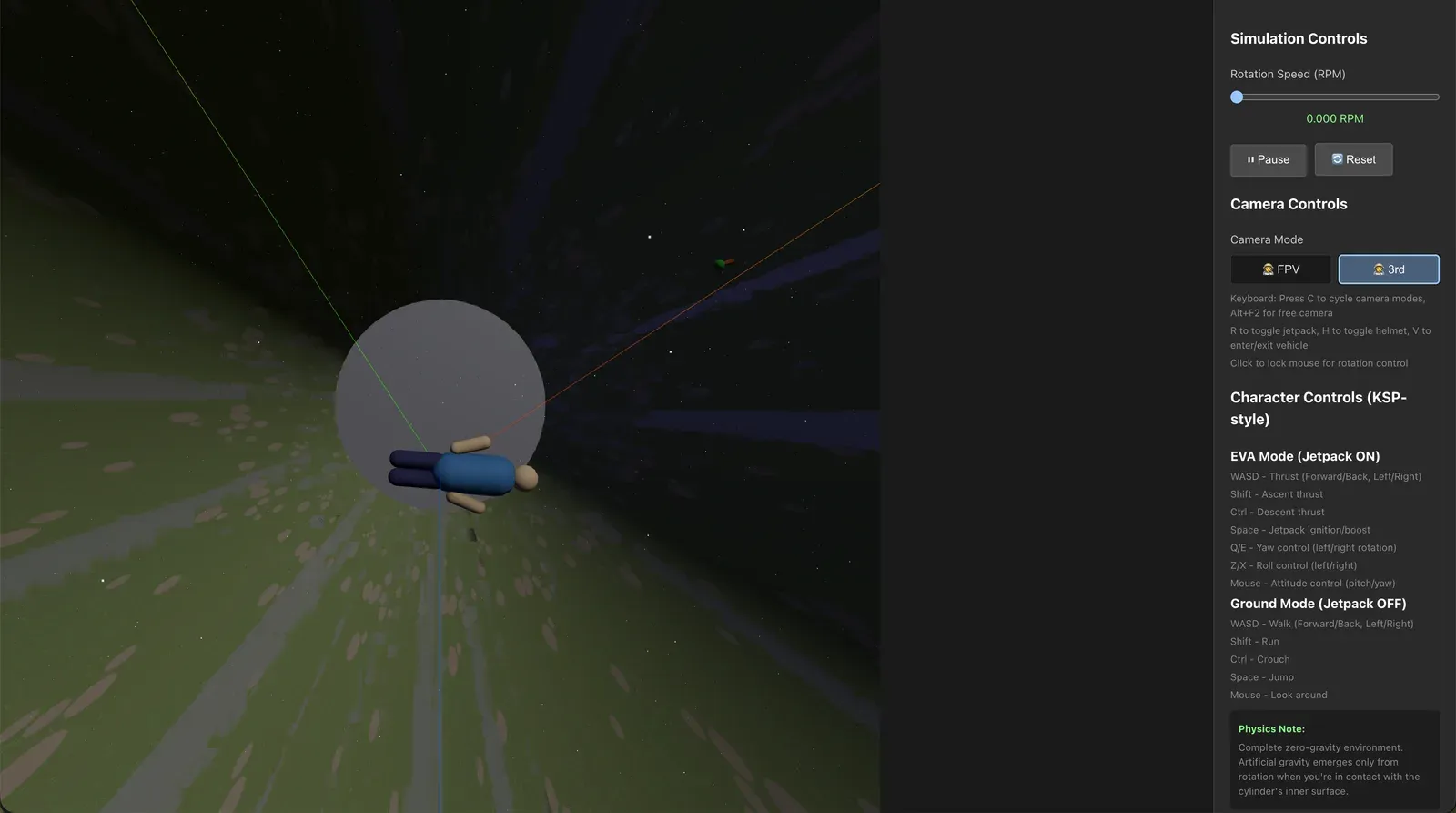 izuma-simの3人称視点。ブロック的な宇宙飛行士が灰色の球の近くを漂い、足元には緑のラフな地形と座標軸の線。右側に開発用UI(回転速度0.000 RPM、カメラ・操作・物理ノート)が表示されている